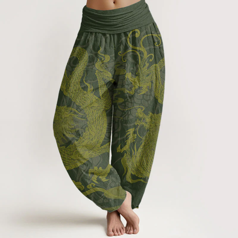 Buddha Stones Pure Cotton Dragon Auspicious Clouds Women's Elastic Waist Harem Pants