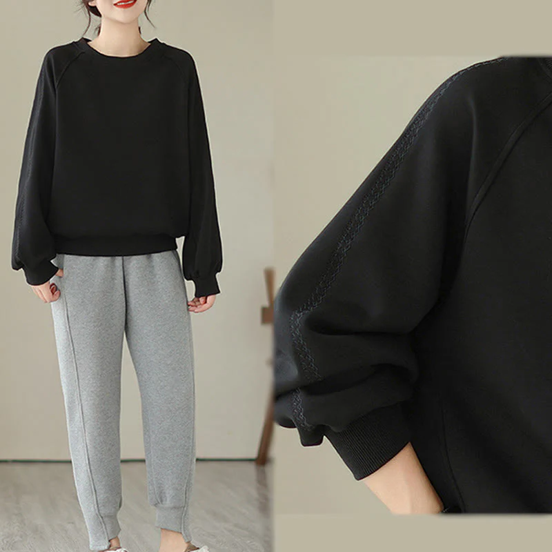 Buddha Stones Fall Plain Crew Neck Cotton Pullover Women's Sweatshirt