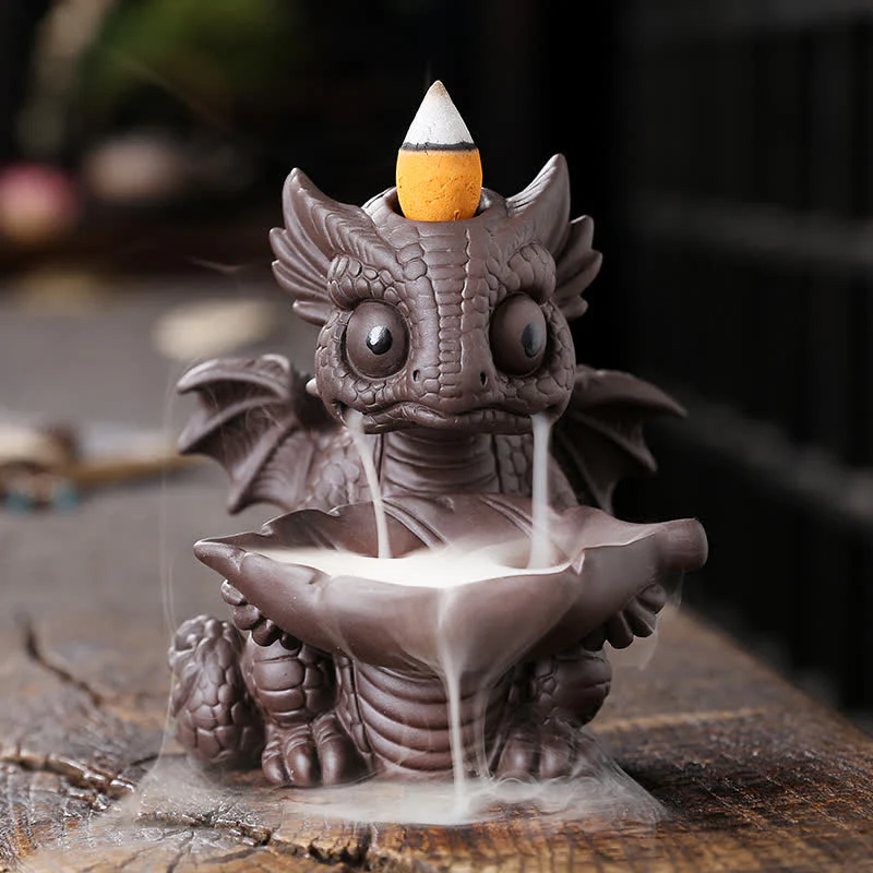 Buddha Stones Lovely Dinosaur Purple Clay Backflow Smoke Fountain Healing Incense Burner Decoration