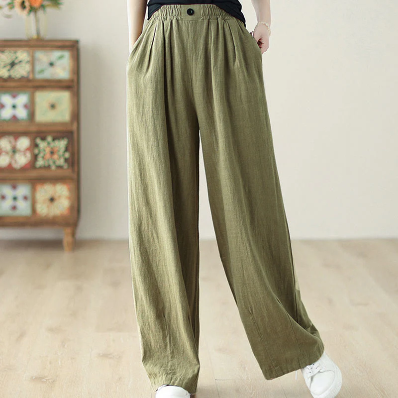 Buddha Stones Commute Button Design Women's Cotton Linen Elastic Waistband Pants With Pockets