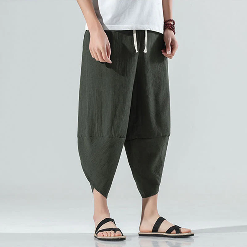 Buddha Stones Plain Simple Design Drawstring 7-8 Length Linen Men's Harem Pants With Pockets
