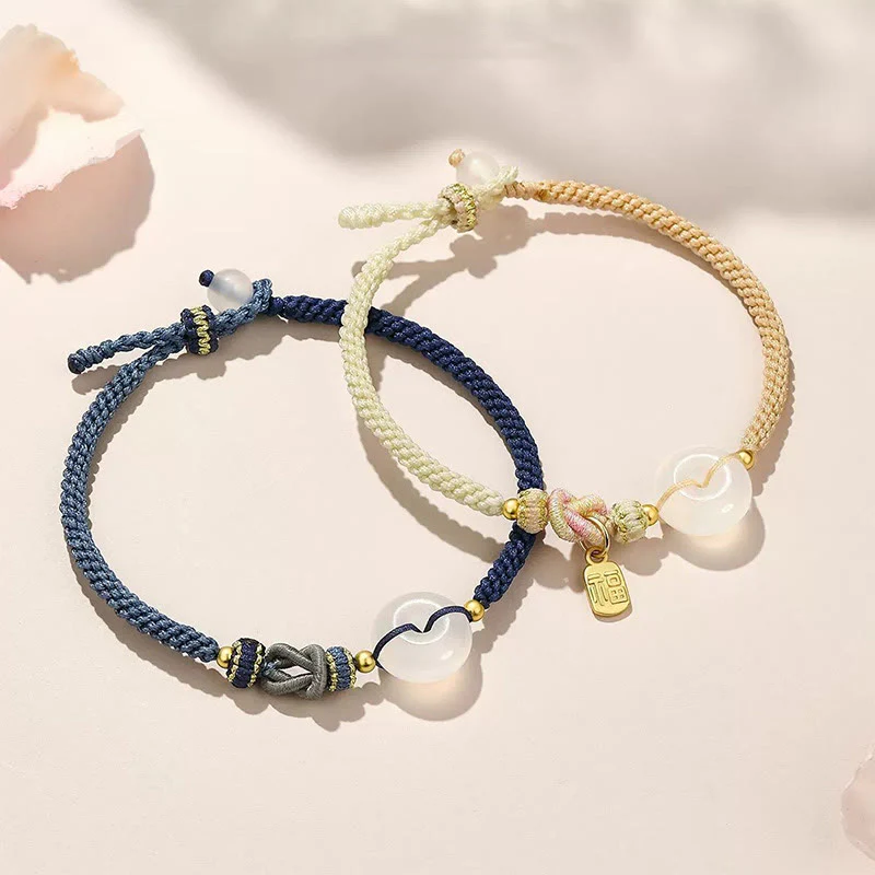 Buddha Stones Handmade White Agate Peace Buckle Luck Happiness Protection Weave String Bracelet