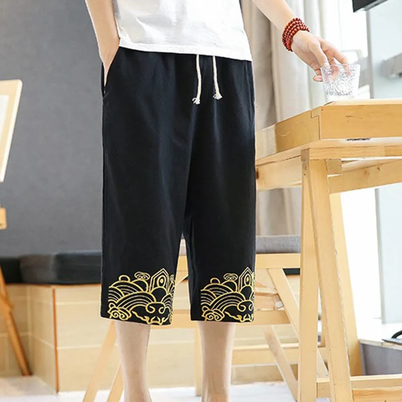 Buddha Stones Spring Casual Embroidery Drawstring Men's 7-8 Length Cotton Linen Harem Pants With Pockets