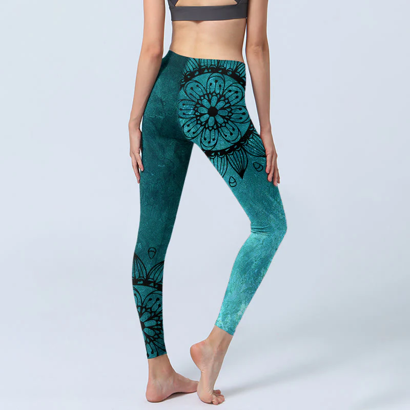 Buddha Stones Green Sunflowers Blossoms Print Gym Leggings Women's Yoga Pants