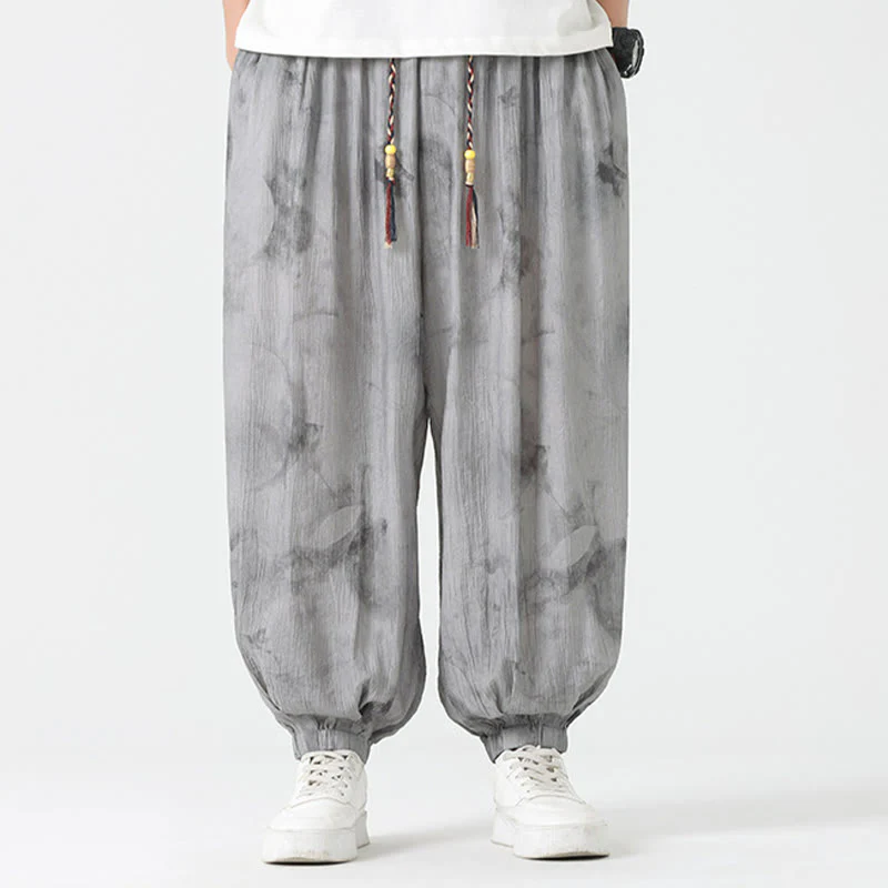 Buddha Stones Flower Sketch Braided Drawstring Linen Men's  Pants With Pockets