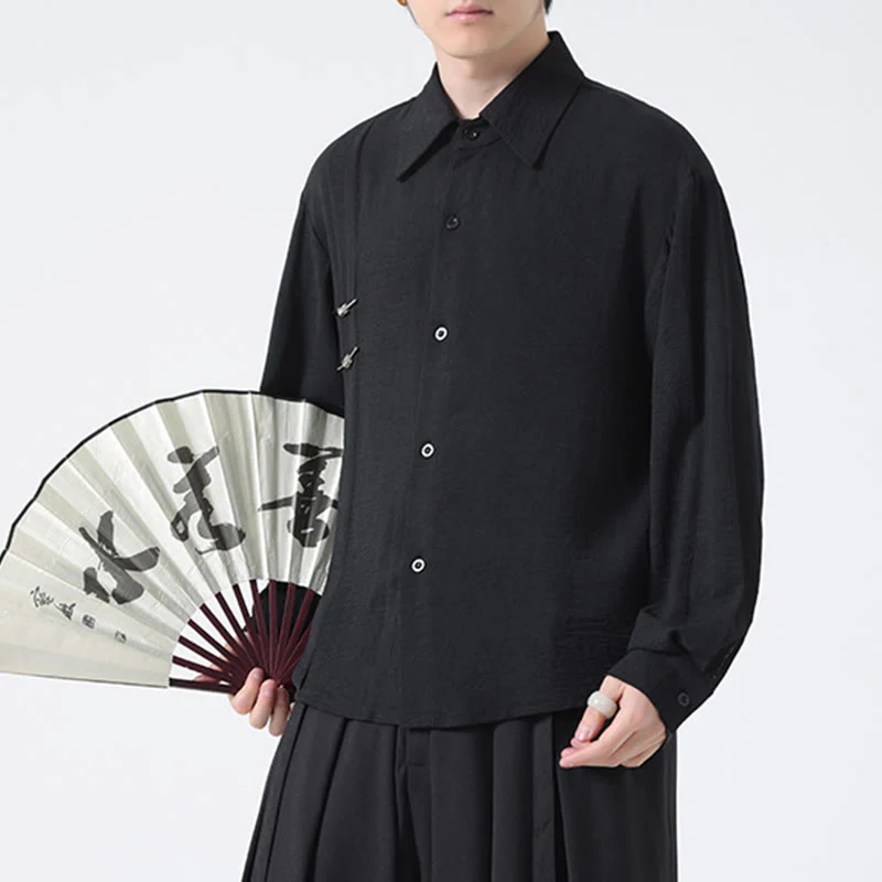 Buddha Stones Plain Buttons Stand Collar Long Sleeve Men's Cotton Shirt