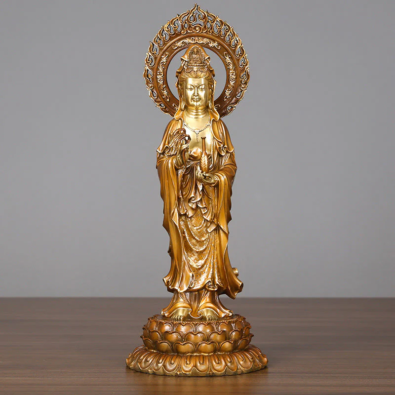Buddha Stones Kwan Yin Avalokitesvara Lotus Aura Success Brass Copper Statue Home Decoration