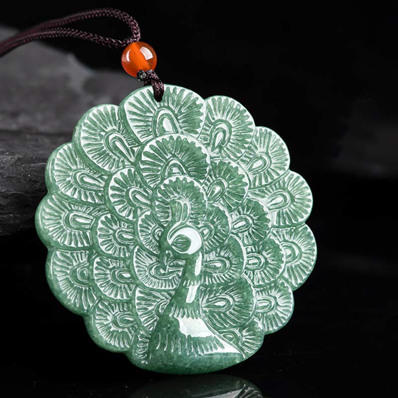 Buddha Stones Natural Jade Peacock Luck Prosperity Necklace Pendant