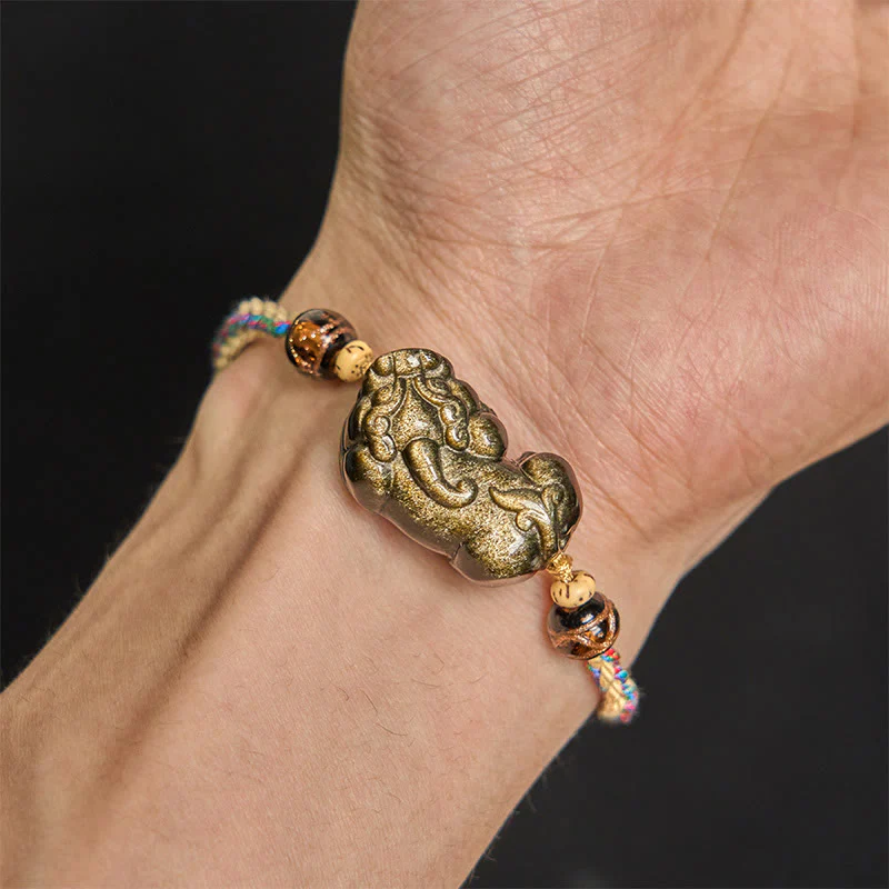 Buddha Stones Gold Sheen Obsidian PiXiu Wealth Rope Bracelet