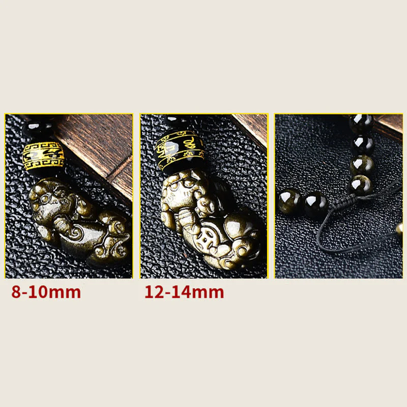 Buddha Stones Natural Gold Sheen Obsidian PiXiu Om Mani Padme Hum Wealth Braided Bracelet