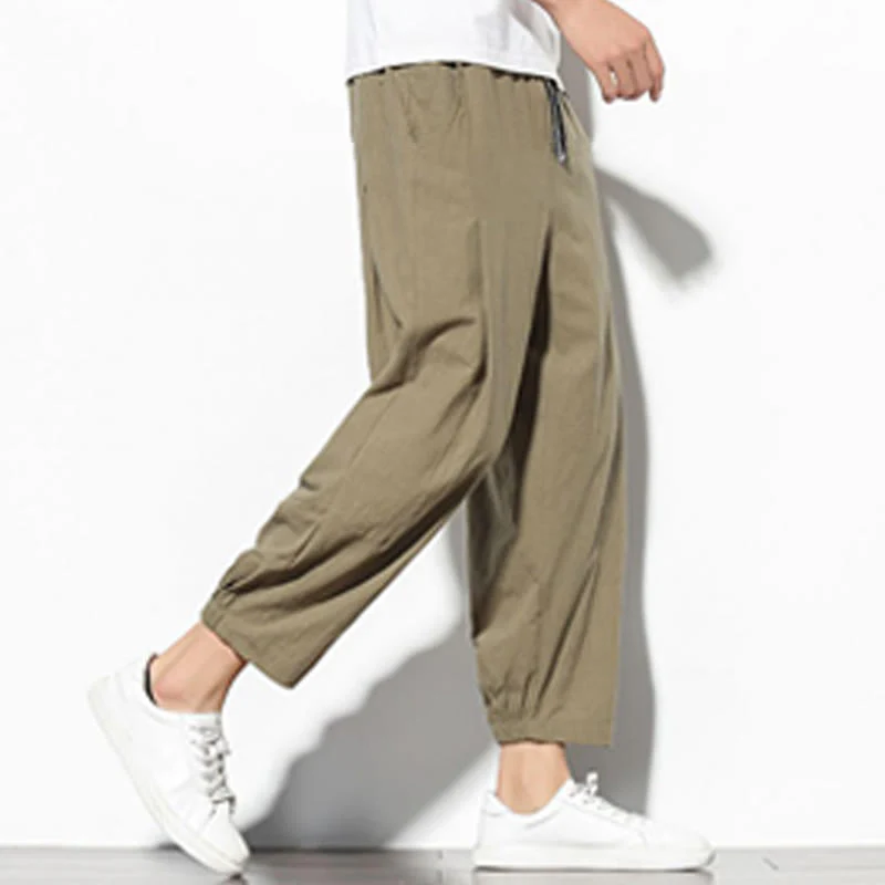 Buddha Stones Summer Men's 7-8 Length Cotton Linen Carrot Pants With Pockets
