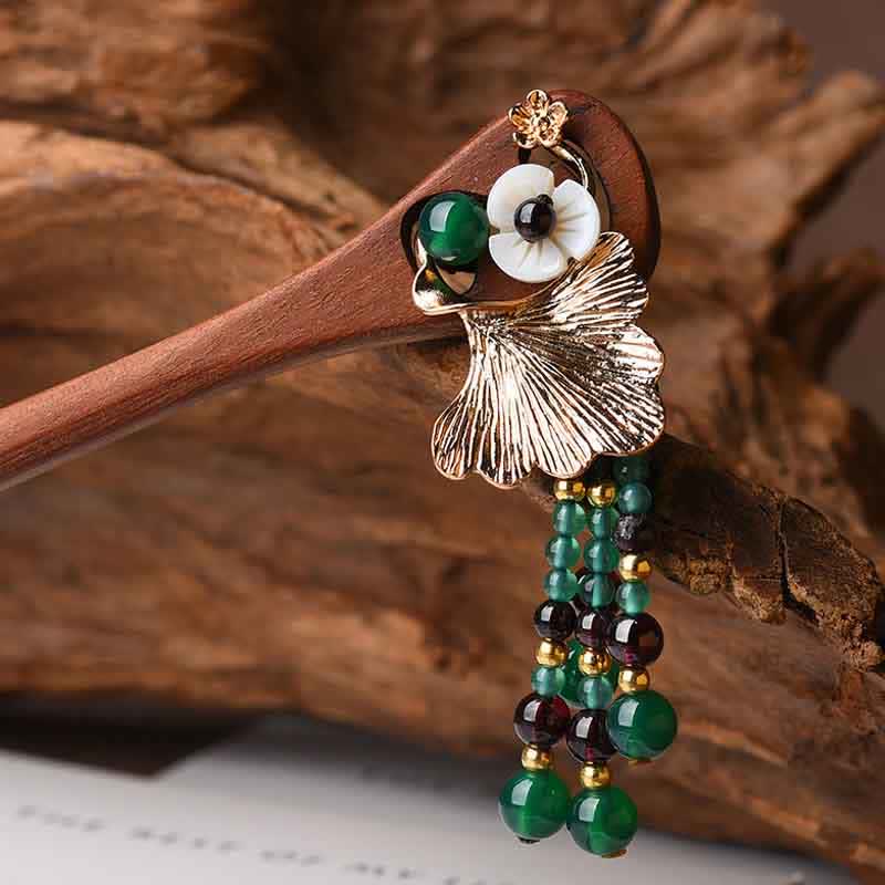 Buddha Stones Red Sandalwood Green Agate Ginkgo Leaf Protection Hairpin