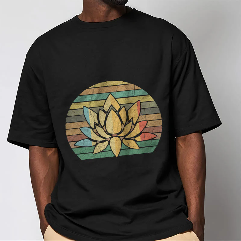 Buddha Stones Casual Retro Striped Background Lotus Flower Pattern Cotton Tee T-shirt