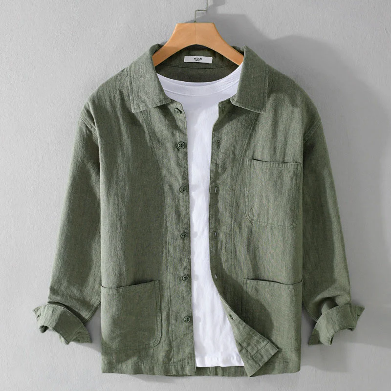 Buddha Stones Commute Men's Plain Buttons Design Cotton Linen Long Sleeve Shirt With Pockets