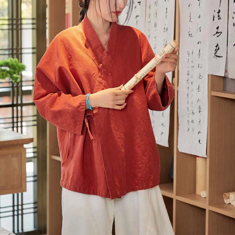 Buddha Stones Frog-Button Hanfu Design Long Sleeve Coat Zen Meditation Open Front Top Jacket