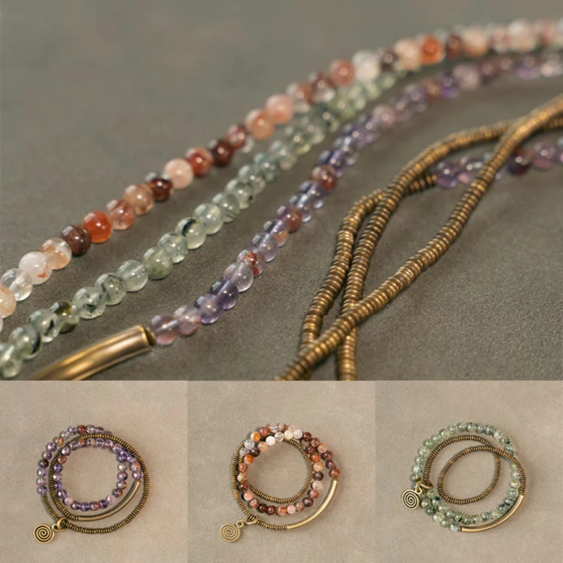 Buddha Stones Purple Phantom Red Hematoid Quartz Green Rutilated Quartz Copper Love Forgive Bracelet