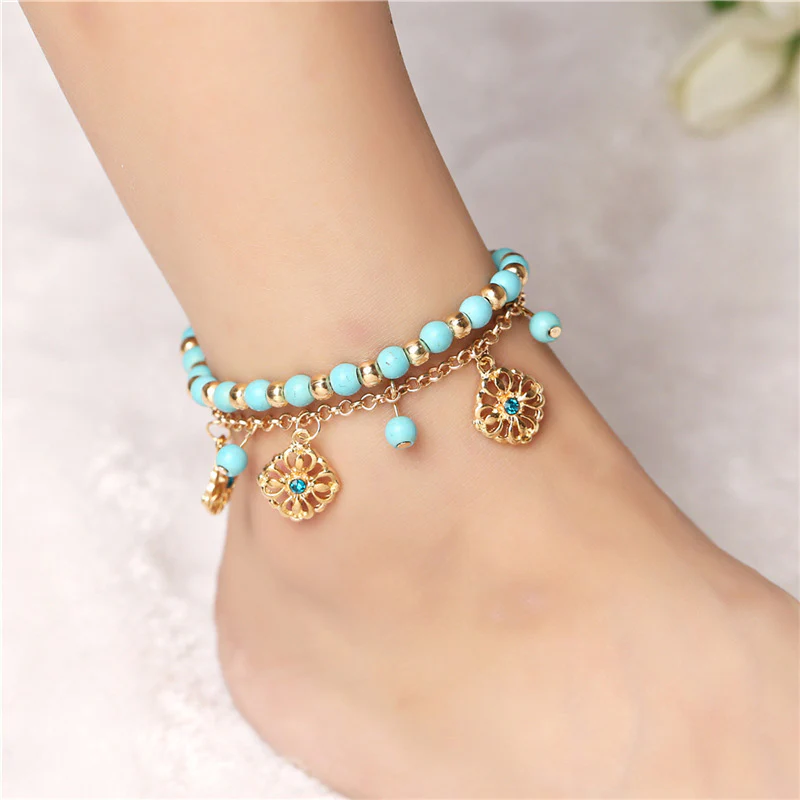 2Pcs Turquoise Stone Flower Protection Bracelet Anklet