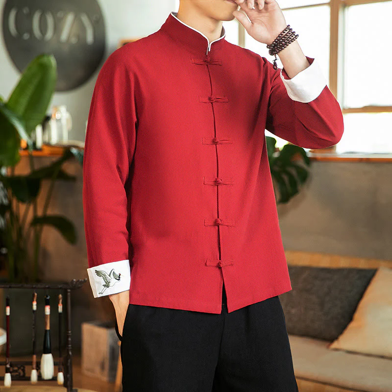 Buddha Stones Tang Suit Frog-Button Crane Embroidery Long Sleeve Cotton Men's Shirt