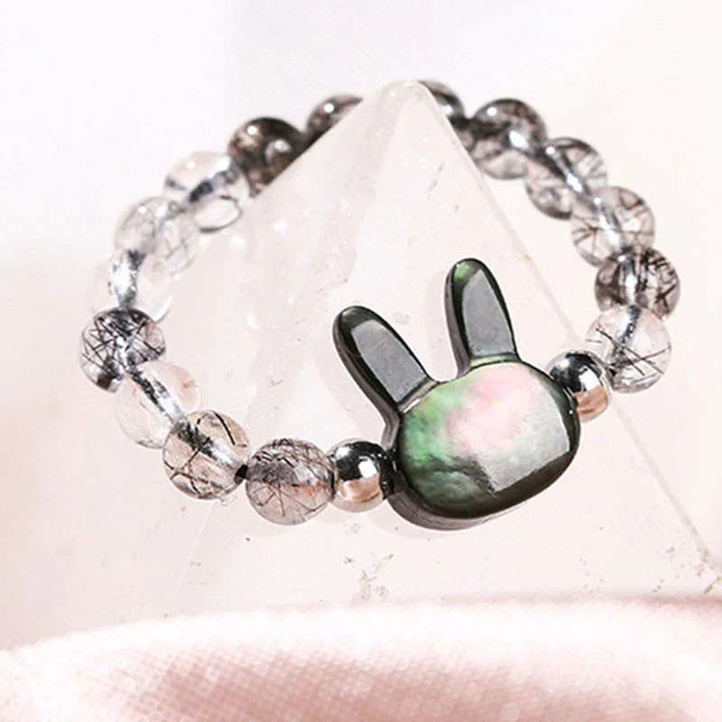 Buddha Stones 3mm Black Rutilated Quartz Tridacna Stone Rabbit Cat Ring
