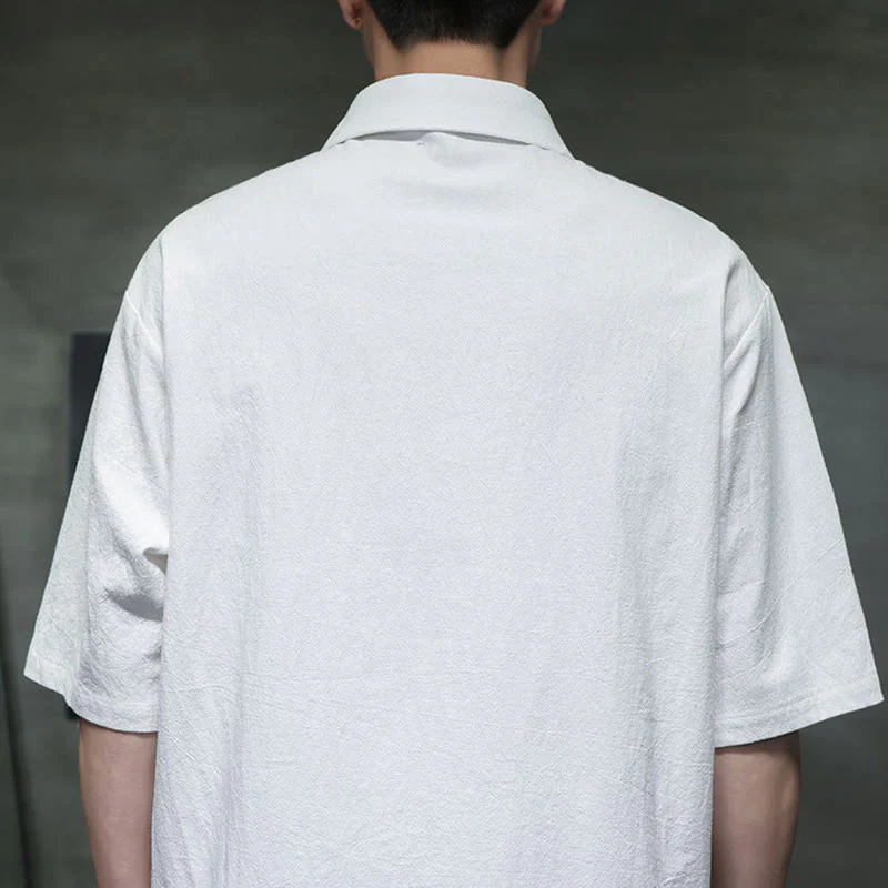 Buddha Stones Commute Plain Half Buttons Design Men's Cotton Linen Shirt With Pocket