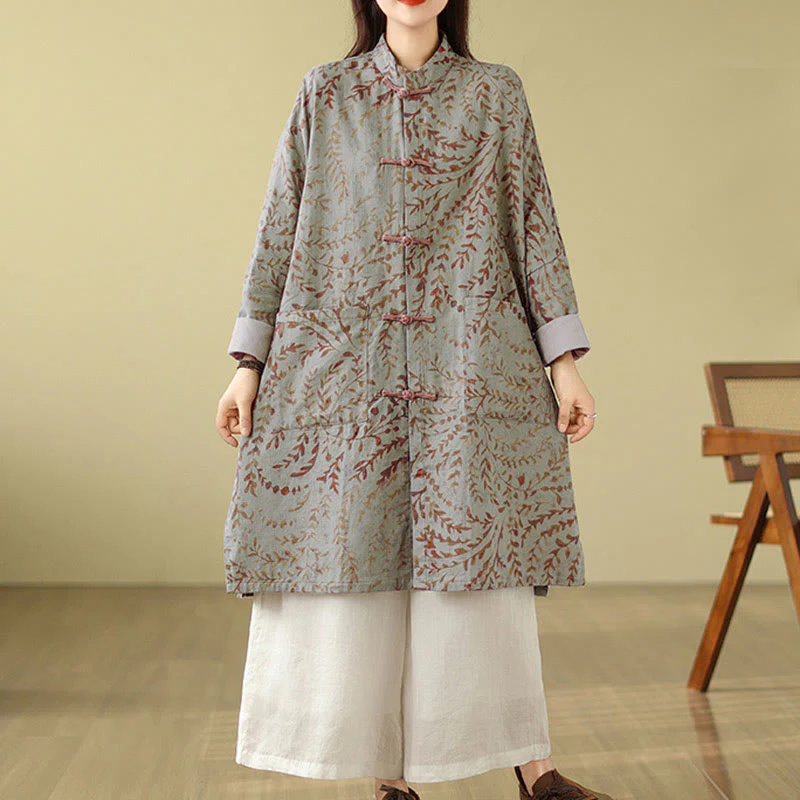 Buddha Stones Frog-button Vine Leaves Women's Cotton Linen Coat With Pockets