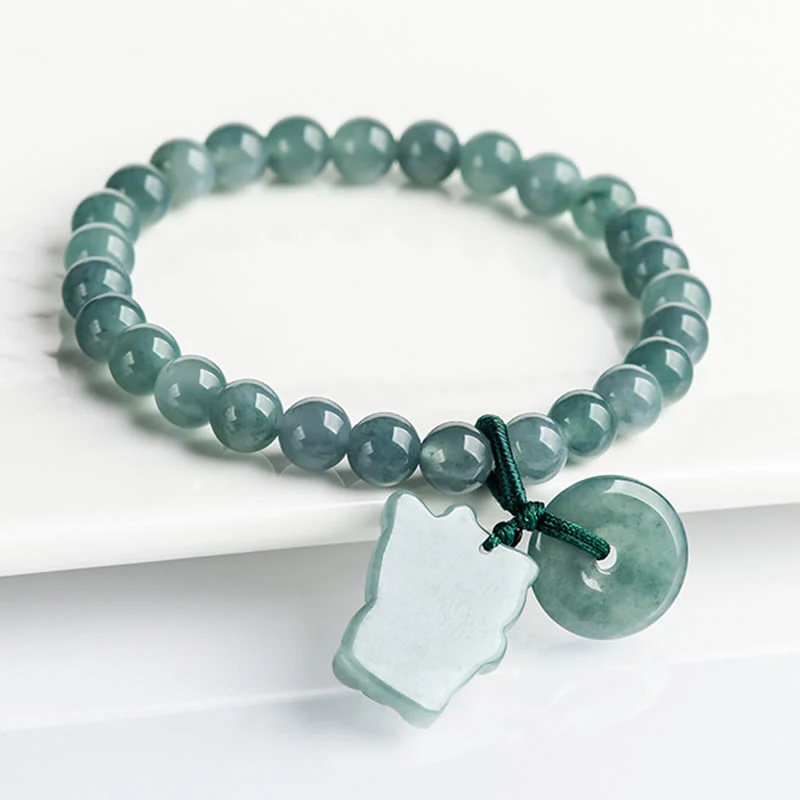 Buddha Stones Blue Jade Peace Buckle Lucky Cat Prosperity Bracelet