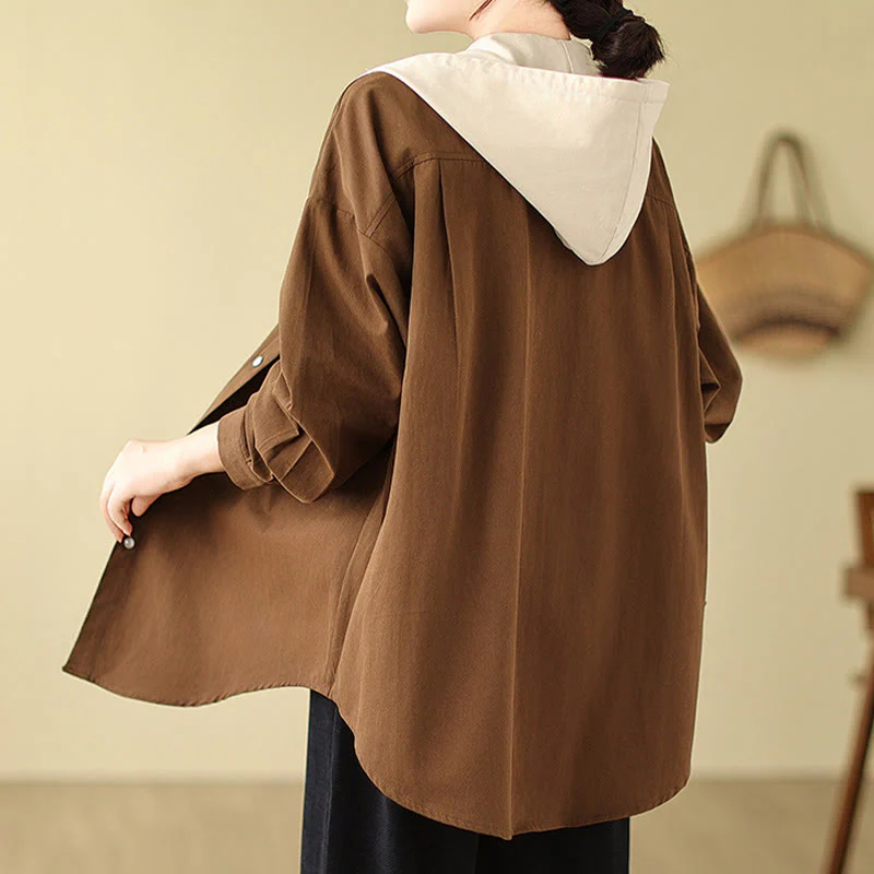 Buddha Stones Casual Commute Drawstring Hoodie Women's Cotton Linen Jacket With Pockets