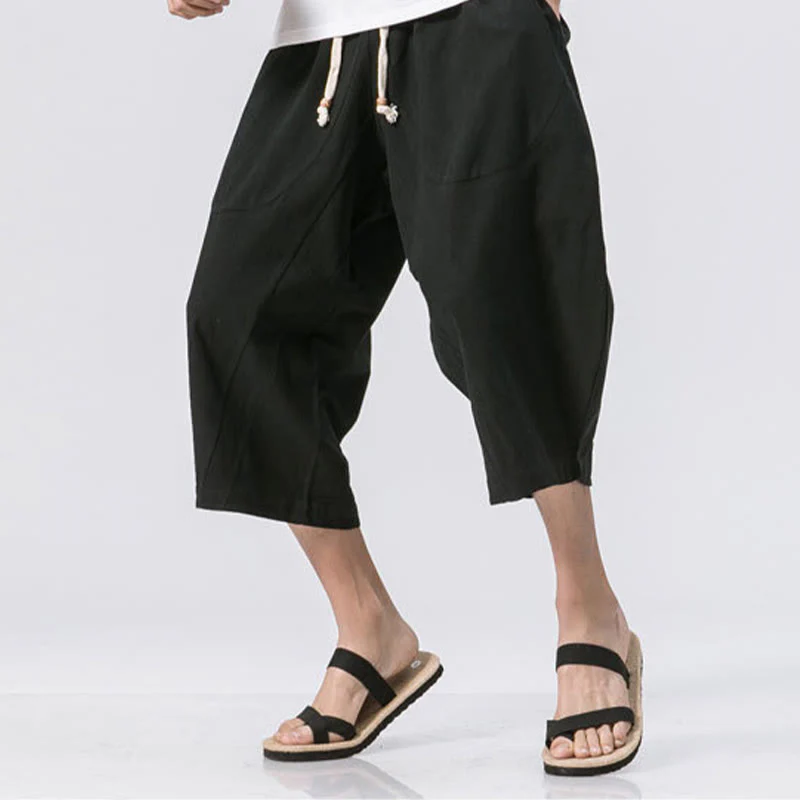 Buddha Stones Summer Casual Simple Plain Design 7-8 Length Men's Cotton Linen Drawstring Pants With Pockets