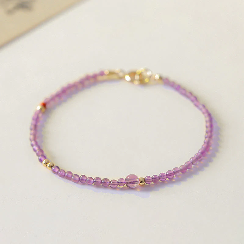 Buddha Stones 2mm Ultra-Thin Beads Natural Amethyst 14k Gold Plated Copper Inner Peace Meditation Bracelet