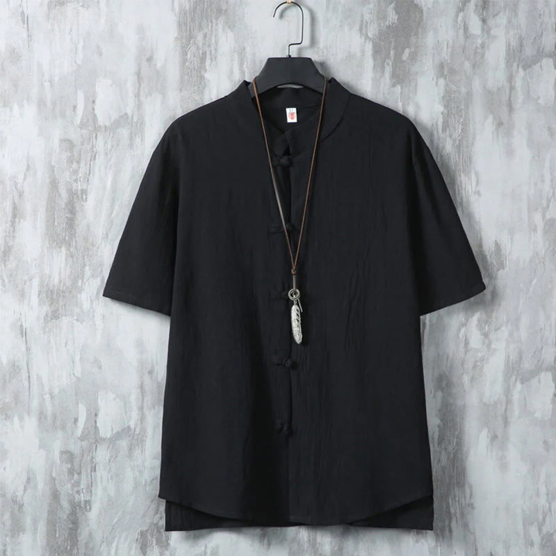 Buddha Stones Daily Casual Plain Chinese Frog-Button Men's Short Sleeve Cotton Linen Shirt