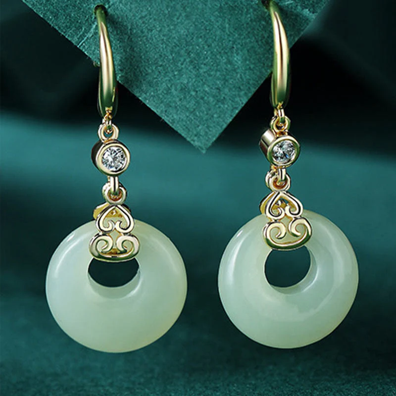 Buddha Stones 925 Sterling Silver Natural Hetian Jade Gourd Peace Buckle Zircon Luck Bracelet Necklace Pendant Earrings