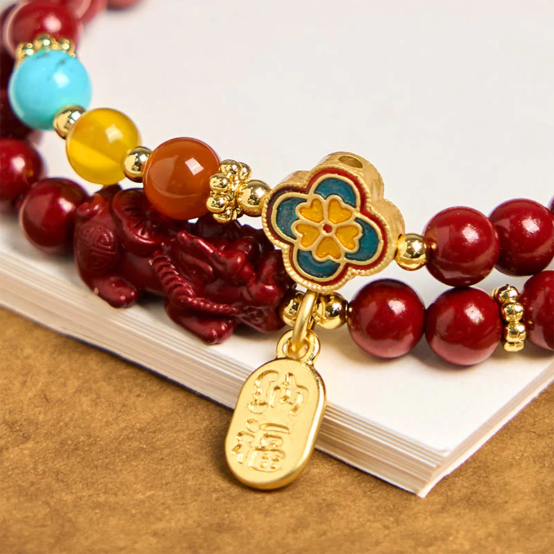 Buddha Stones Cinnabar PiXiu Fu Character Blessing Double Wrap Bracelet