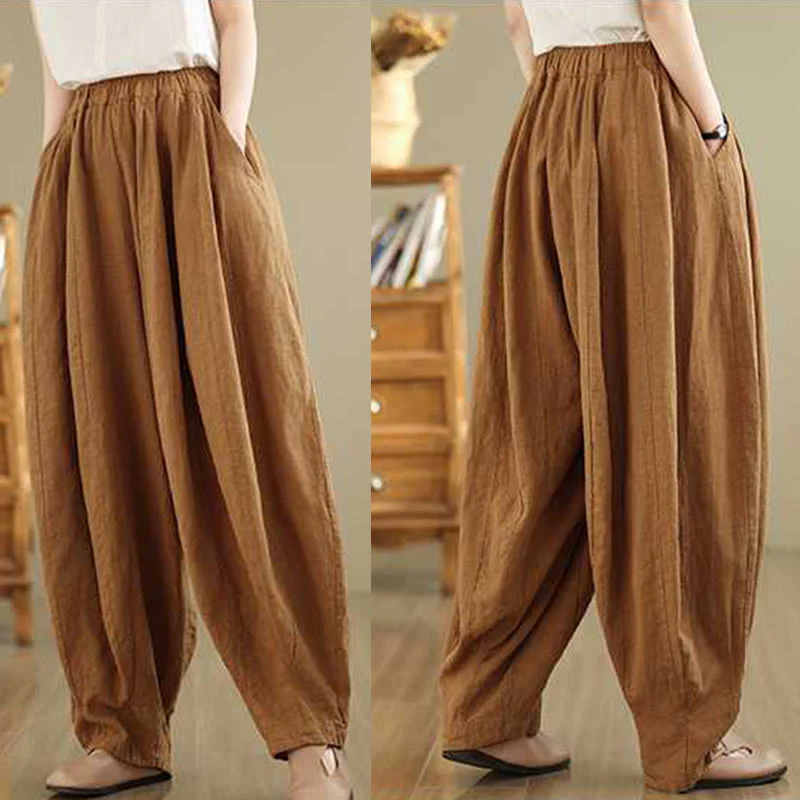 Buddha Stones Spring Casual Simple Design Women's Cotton Linen Harem Pants With Pockets