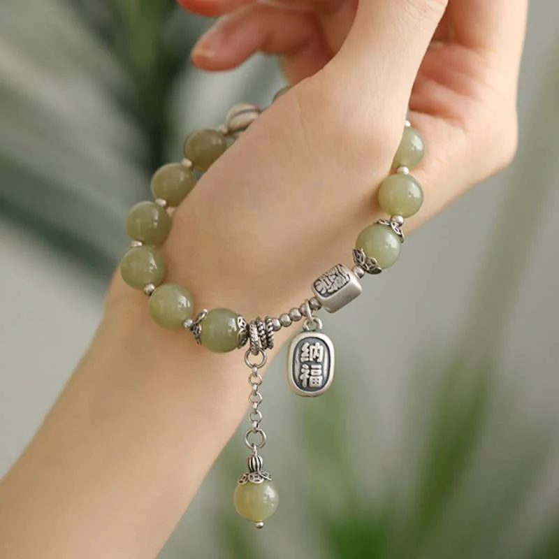 Buddha Stones 925 Sterling Silver Hetian Jade Beads Luck Bracelet
