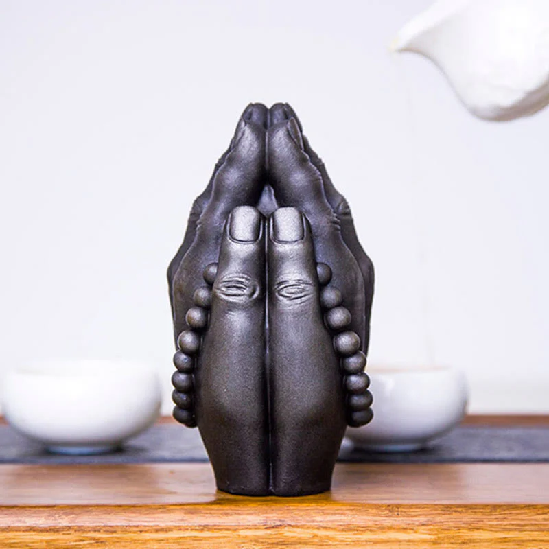 Buddha Stones Handmade Buddha Hand Namaste Iron Powder Rust Cast Resin Statue Decoration