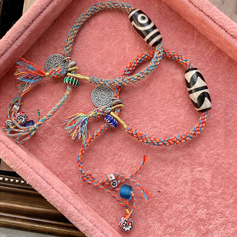 Buddha Stones Tibetan 925 Sterling Silver Om Mani Padme Hum Handmade Dzi Bead Protection Braid Bracelet