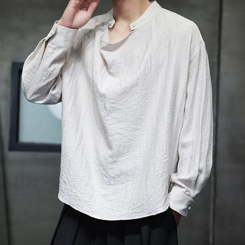 Buddha Stones Spring Solid Color Pleated Stand Collar Design Tang Suit Men's Long Sleeve Linen Shirt