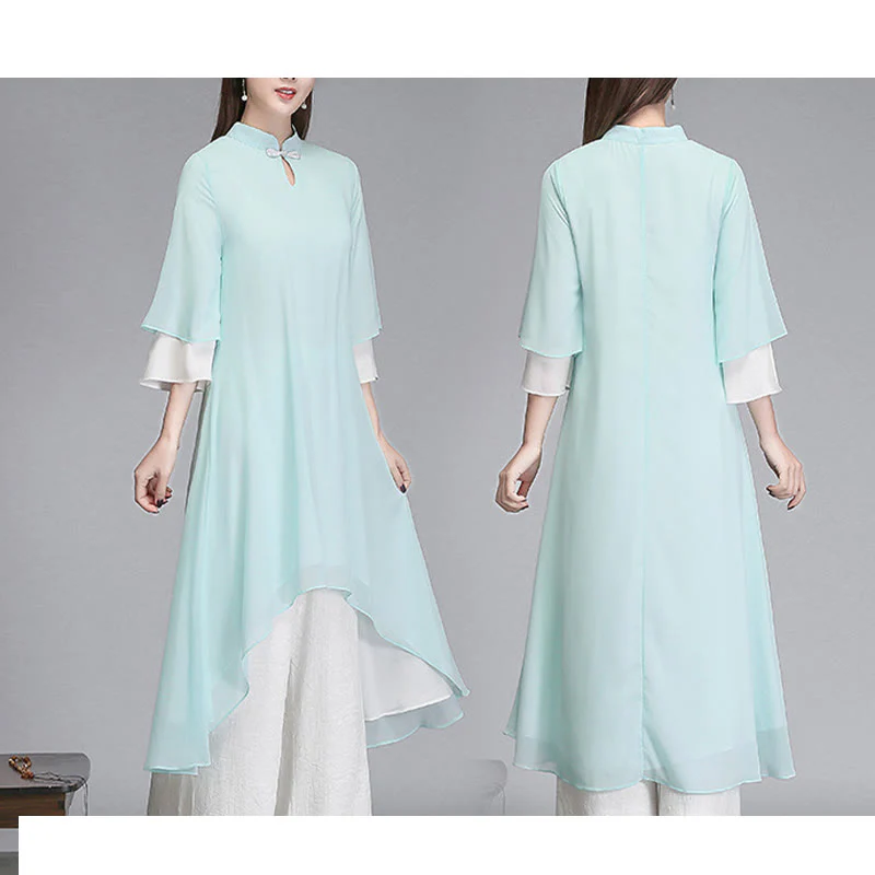 Buddha Stones Solid Women's Three Quarter Sleeve Chiffon Irregular Shirt Dress Wide Leg Pants Meditation Clothing