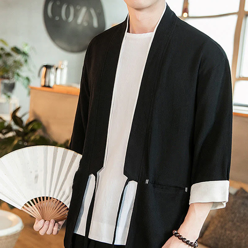 Buddha Stones Lace-Up Design Open Front Jacket Cotton Linen Men's Kimono With Pockets