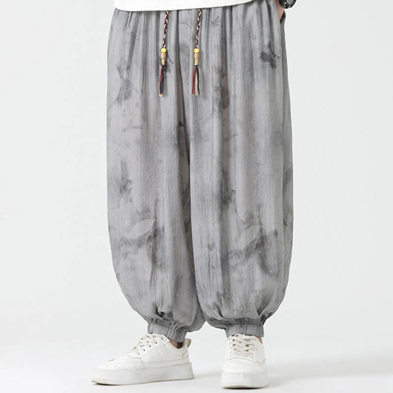 Buddha Stones Flower Sketch Braided Drawstring Linen Men's Pants With Pockets