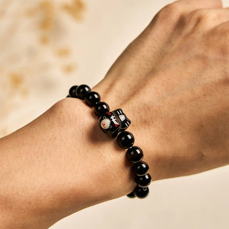 Buddha Stones Black Cat Natural Black Onyx Ceramic Kitten Support Bracelet