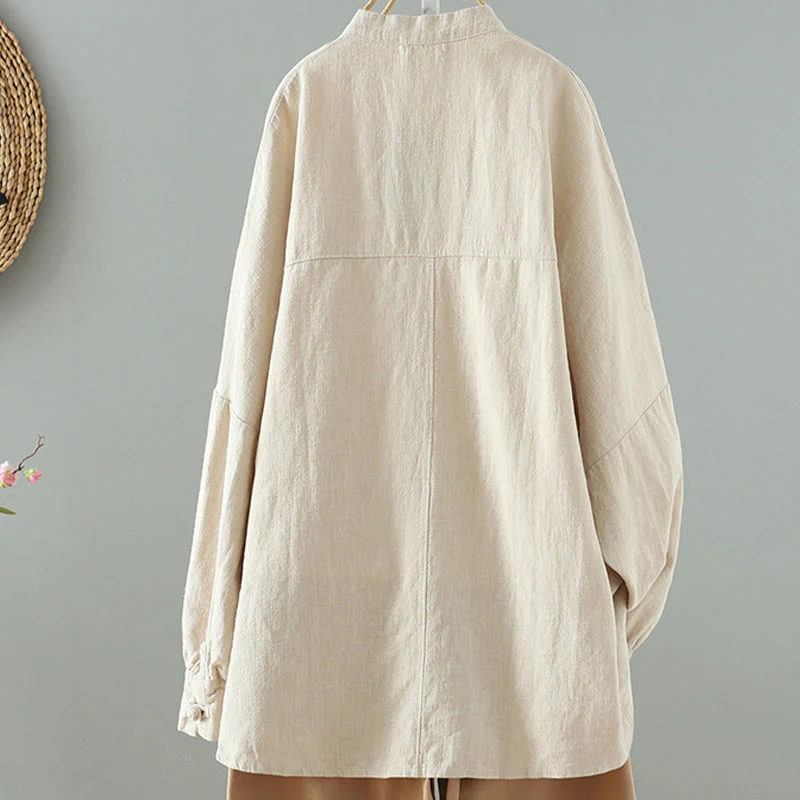 Buddha Stones Women's Solid Color Simple Chinese Frog-Button Design Cotton Linen Shirt