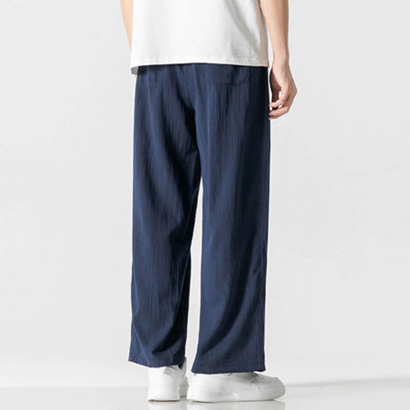 Buddha Stones Summer Casual Plain Straight Leg Design Men's Cotton Linen Drawstring Pants With Pockets