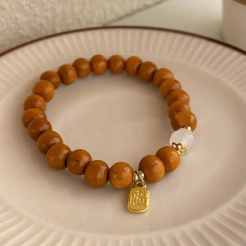 Buddha Stones Sandalwood Cat's Eye Fu Character Charm Protection Bracelet