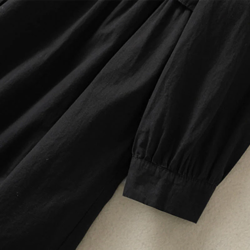 Buddha Stones Casual Plaid Pleats Buttons Design Long Sleeve Cotton Midi Dress With Pockets