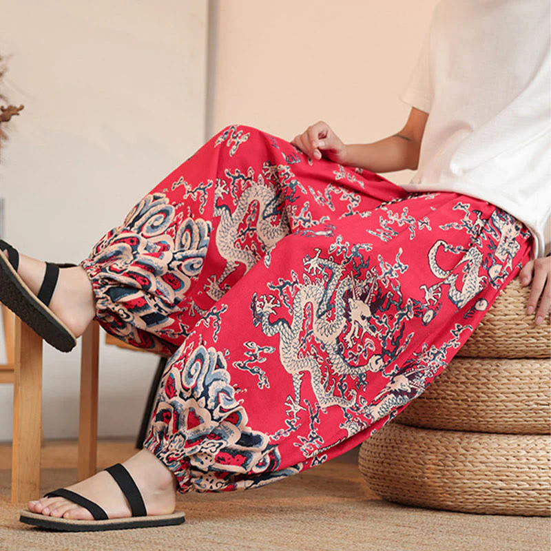 Buddha Stones Dragon Print Cotton Men's Harem Ankle-Length Pants With Pockets