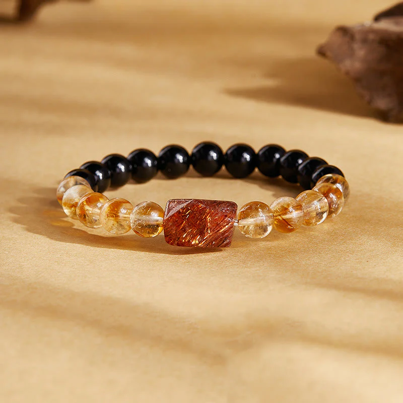 Buddha Stones Natural Black Obsidian Citrine Super Seven Crystal Strength Bracelet