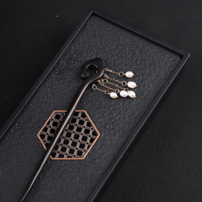 Buddha Stones Ebony Auspicious Cloud Pearl Tassel Protection Hairpin