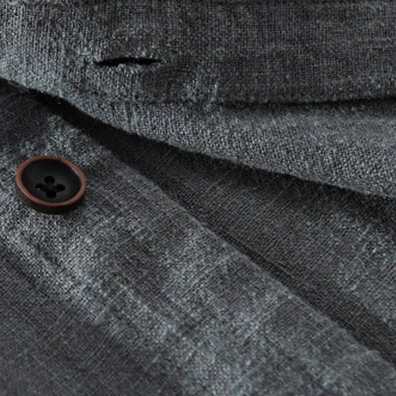 Buddha Stones Spring Daily Simple Buttons Design Stand Collar Men's Long Sleeve Cotton Linen Shirt With Pockets