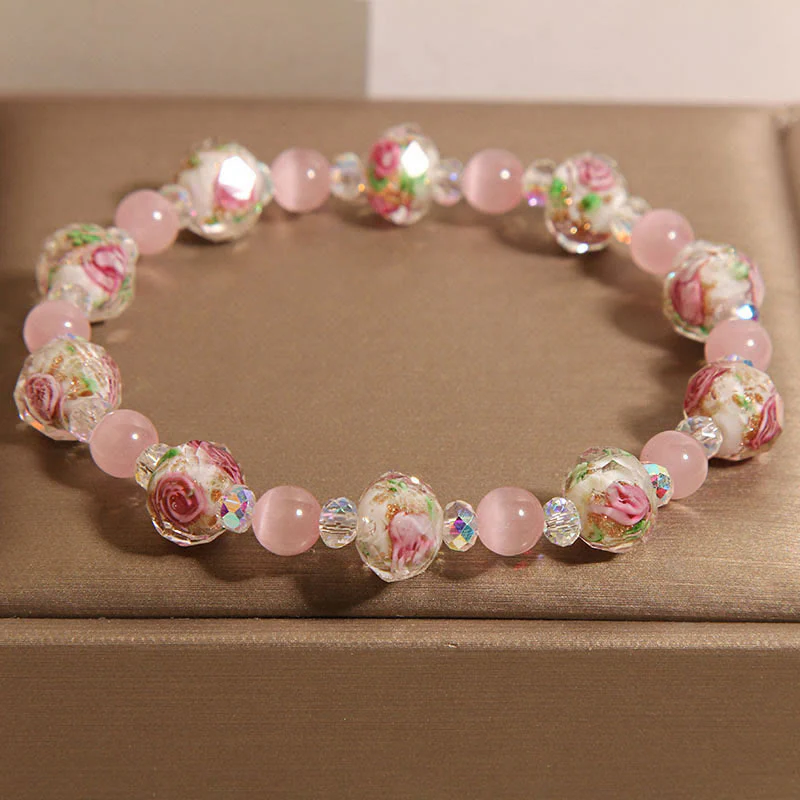Buddha Stones Pink Crystal Liuli Glass Bead Cat's Eye Warmth Bracelet